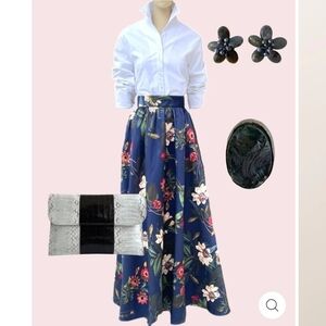 Gracia Navy Blue with Tropical Floral Print Full Maxi Ball Gown Skirt 1XL